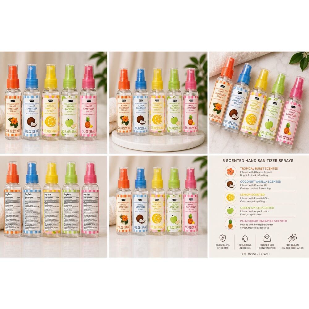 5 Pack b•pure Scented Hand Sanitizer Spray Set 2 fl oz 70% Ethyl Alcohol